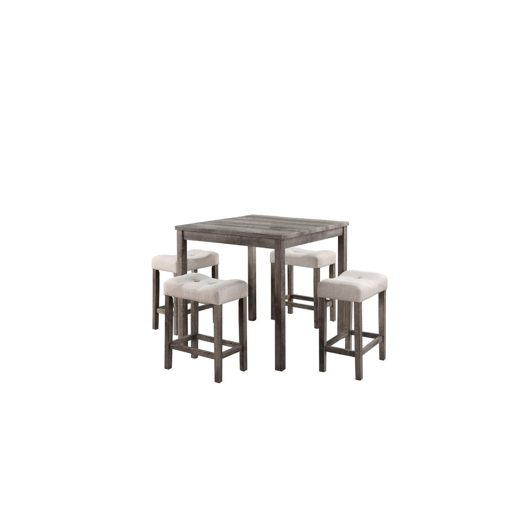 Lilola Home Lucian Brown 5 Piece Counter Height 36" Pub Table Set with Tufted Creamy White Linen Stools