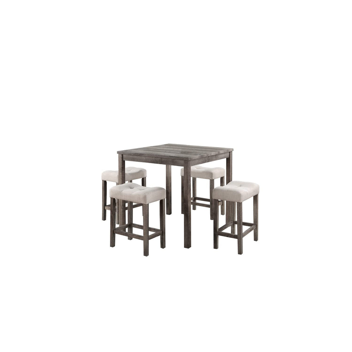 Lilola Home Lucian Brown 5 Piece Counter Height 36&quot; Pub Table Set with Tufted Creamy White Linen Stools