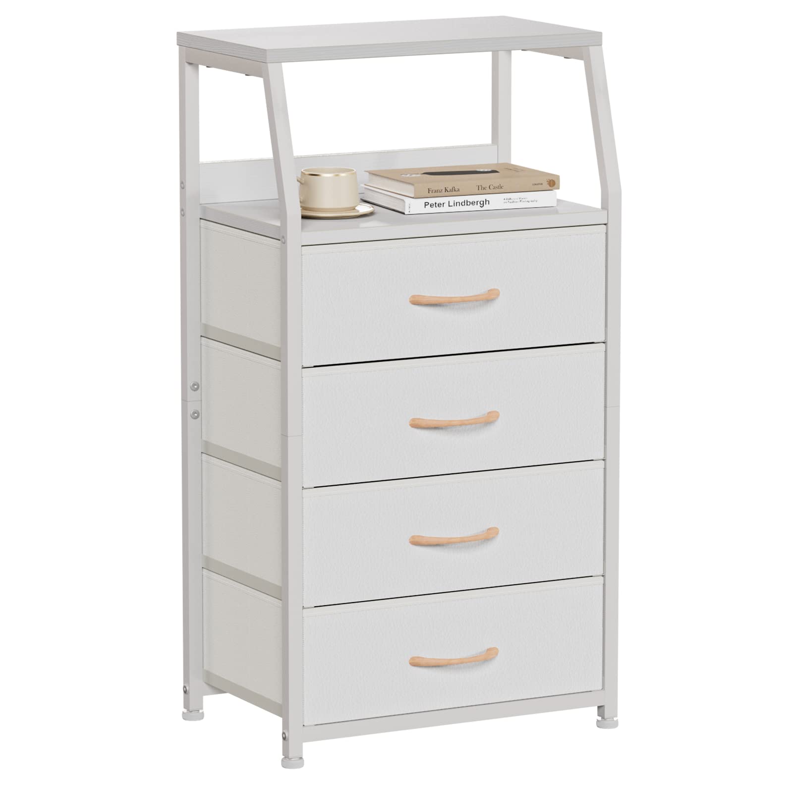 Furnulem Tall 4 Drawers Dresser, Vertical Storage Tower For Bedroom, Hallway, Entryway, Nursery, Closet Organizer, Nightstand Bedside Table Furniture, Sturdy Steel Frame, Wood Top, White