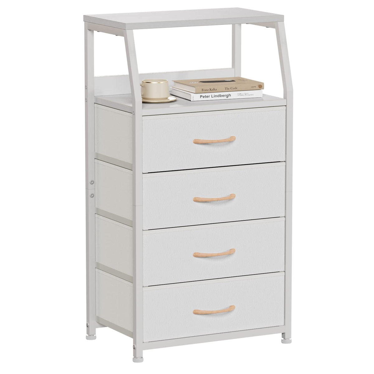Furnulem Tall 4 Drawers Dresser, Vertical Storage Tower For Bedroom, Hallway, Entryway, Nursery, Closet Organizer, Nightstand Bedside Table Furniture, Sturdy Steel Frame, Wood Top, White