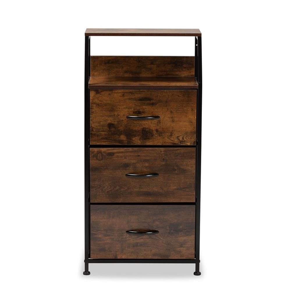 Baxton Studio Jacop Modern Industrial Walnut Brown Finished Wood and Black Metal 3-Drawer Storage Cabinet