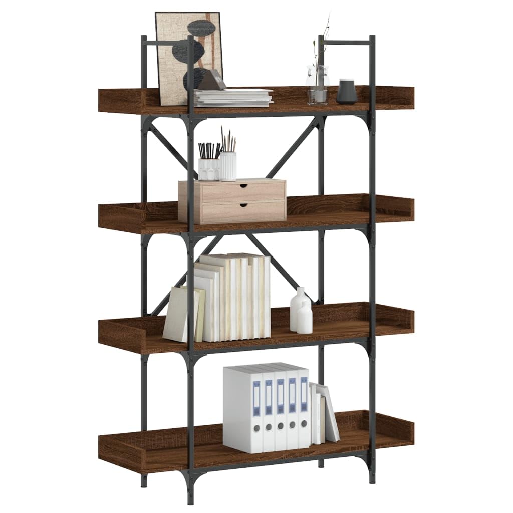 vidaXL 4-Tier Brown Oak Bookcase - Engineered Wood and Metal Frame, Industrial Style, Ample Storage Space for Books and Decor