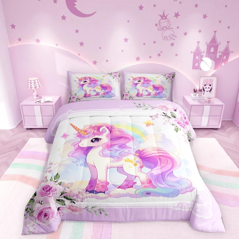 Watercolor Rainbow Fantastic Animal Bedding Set For Bedroom Decr Romantic Flower Garden All Season Cozy Comforter Set Full Size