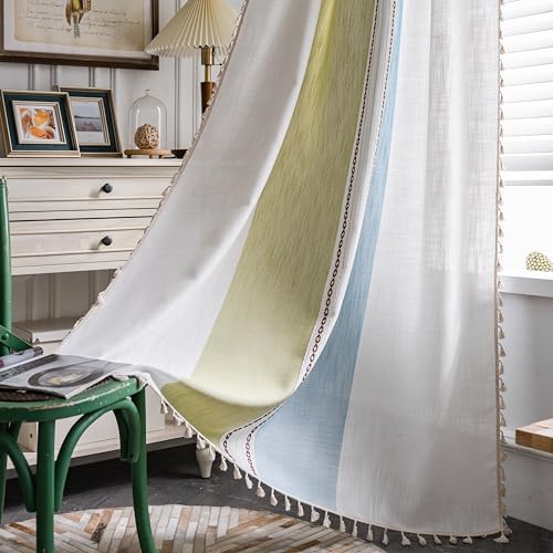 Sutuo Home Boho Curtains 84 Inch For Bedroom Living Room, Semi Blackout Linen Farmhouse Tassels Window Treatment Bohemian Embroidery Drape, Rod Pocket 1 Panel 52' W X 84' L, Green Blue Striped Linen