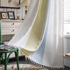 Sutuo Home Boho Curtains 84 Inch For Bedroom Living Room, Semi Blackout Linen Farmhouse Tassels Window Treatment Bohemian Embroidery Drape, Rod Pocket 1 Panel 52' W X 84' L, Green Blue Striped Linen