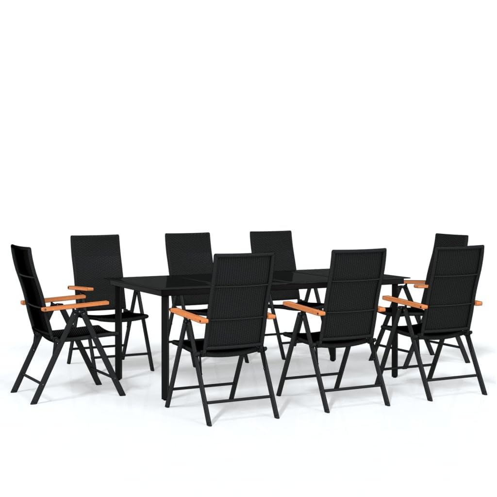 vidaXL 7-Piece Outdoor Patio Dining Set with Powder-Coated Steel Frame, Tempered Glass Tabletop and 6 PE Rattan Chairs, Black