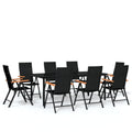 vidaXL 7-Piece Outdoor Patio Dining Set with Powder-Coated Steel Frame, Tempered Glass Tabletop and 6 PE Rattan Chairs, Black