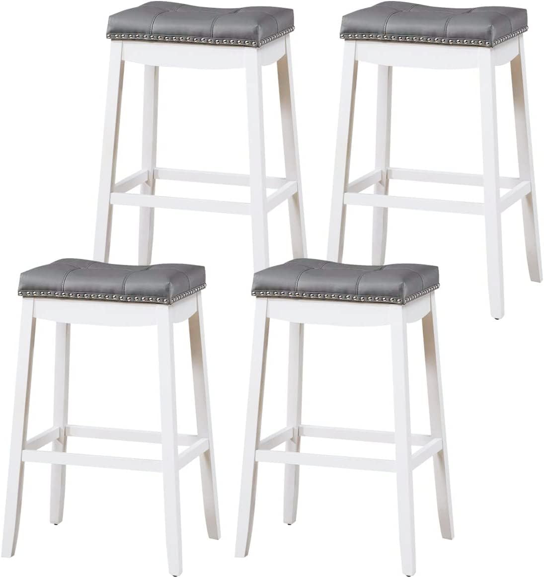 Ergomaster Set Of 4 Cambridge Bar Stools, 29 Inch Counter Stools, Solid Wood Legs Espresso With Gray Pu Cushion For Kitchen Living Room And Bar (Set Of 4,29Inches White Leg