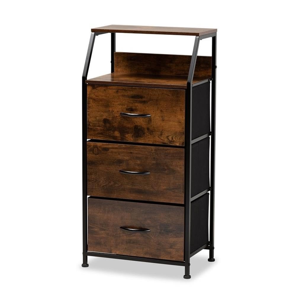 Baxton Studio Jacop Modern Industrial Walnut Brown Finished Wood and Black Metal 3-Drawer Storage Cabinet