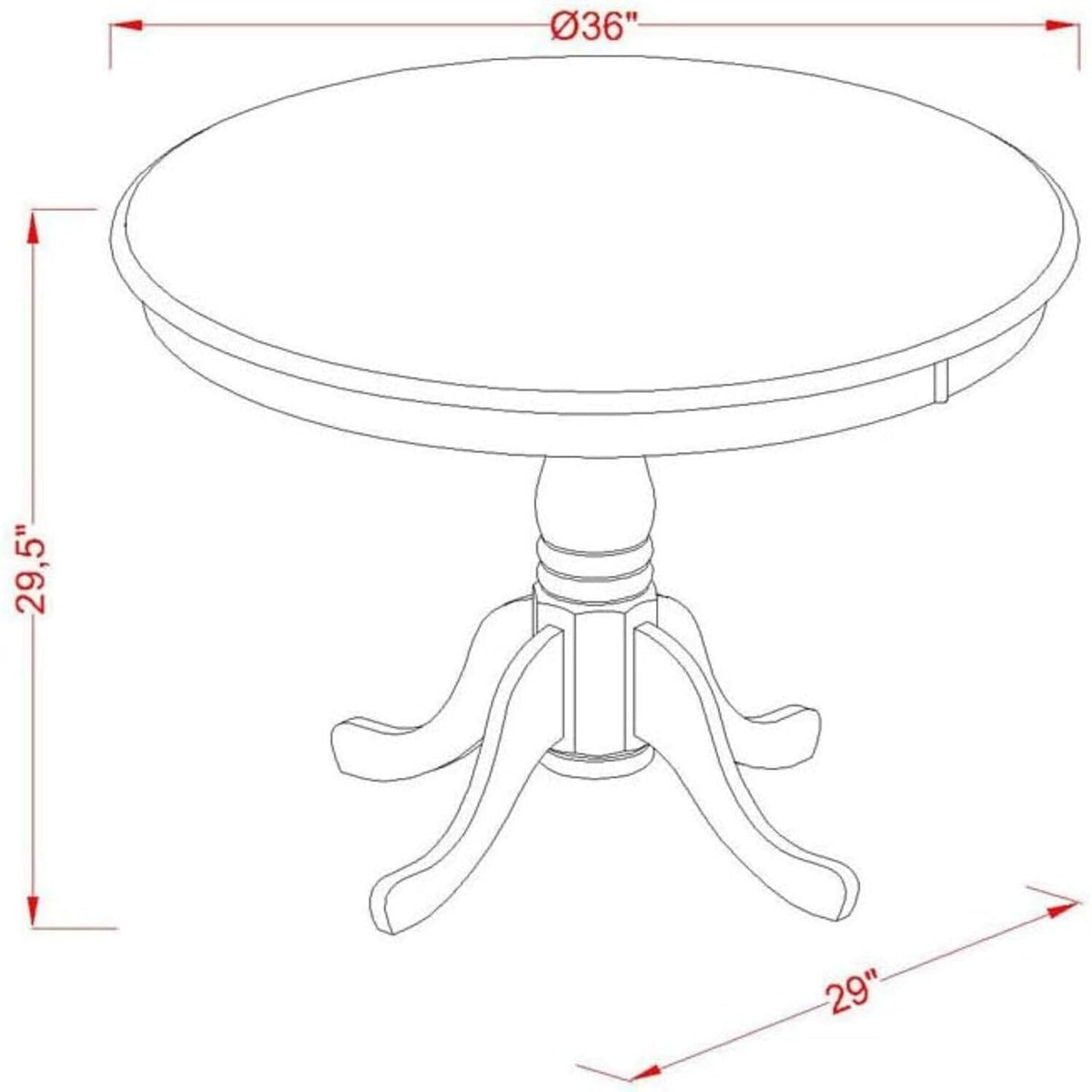 East West Furniture Antique Dining Round Wooden Table Top with Pedestal Base, 36x36 Inch, Wirebrushed Black