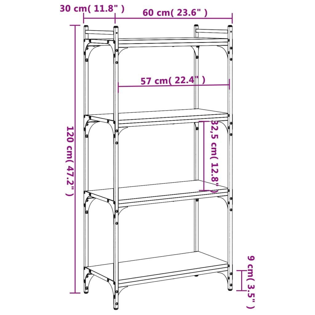 vidaXL 4-Tier Industrial Bookcase - Black Engineered Wood - Ample Storage Space for Books and Decoratives - Adjustable Feet for Stability - 23.6"x11.8"x47.2"