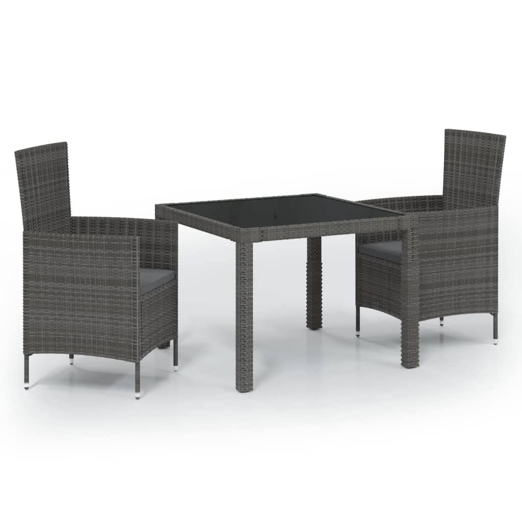 vidaXL Patio Dining Set 3 Piece with Cushions Garden Outdoor Terrace Balcony Dinner Table and Chair Seat Seating Furniture Poly Rattan Gray