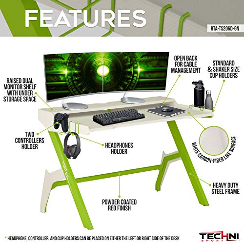 Techni Sport Computer Gaming Desk With Cupholder And Headphone Hook, Small Laptop Table For Home And Office, Green