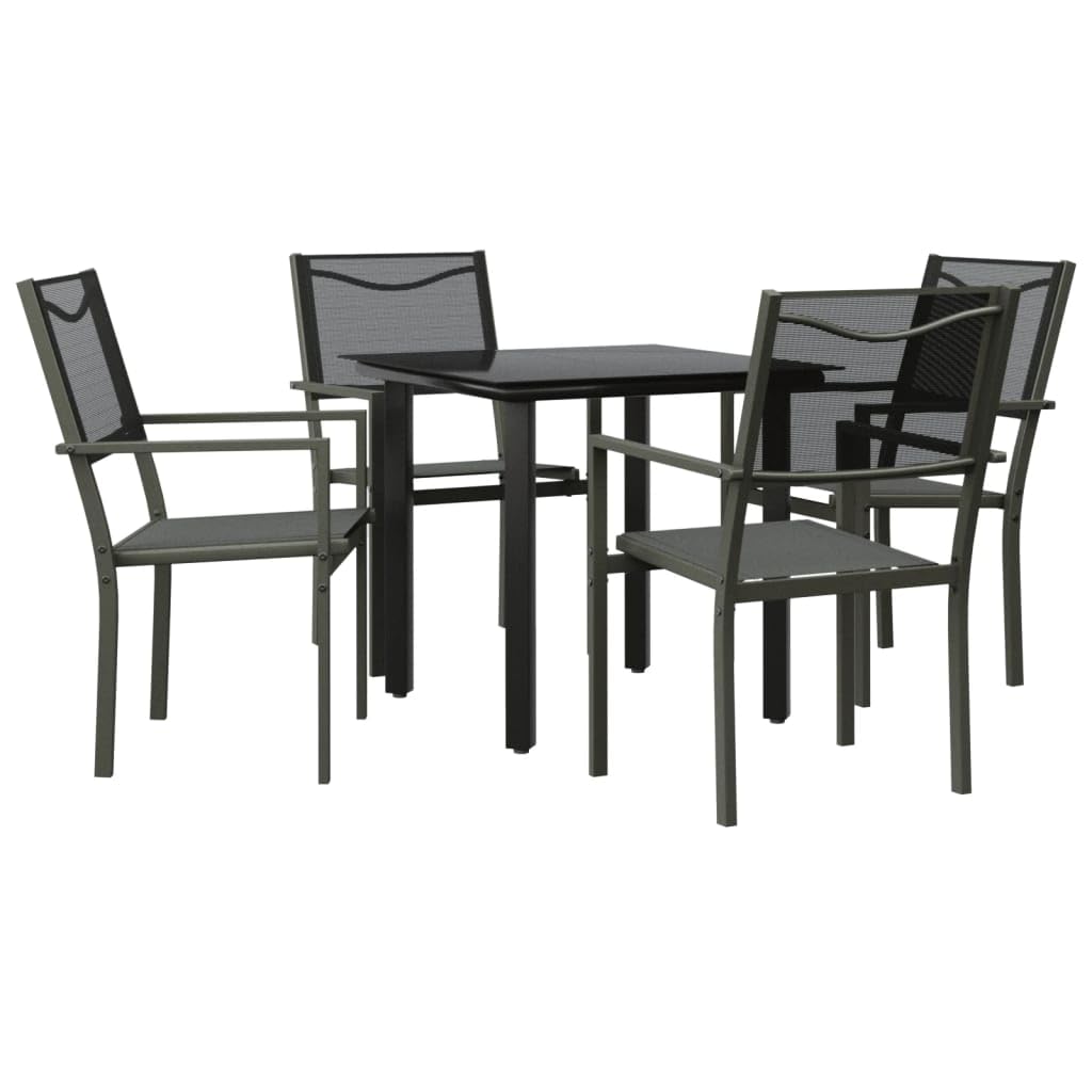 vidaXL Black Powder-Coated Steel and Textilene 5-Piece Garden Dining Set Featuring Square Table and Four Chairs for Patio & Outdoor Spaces