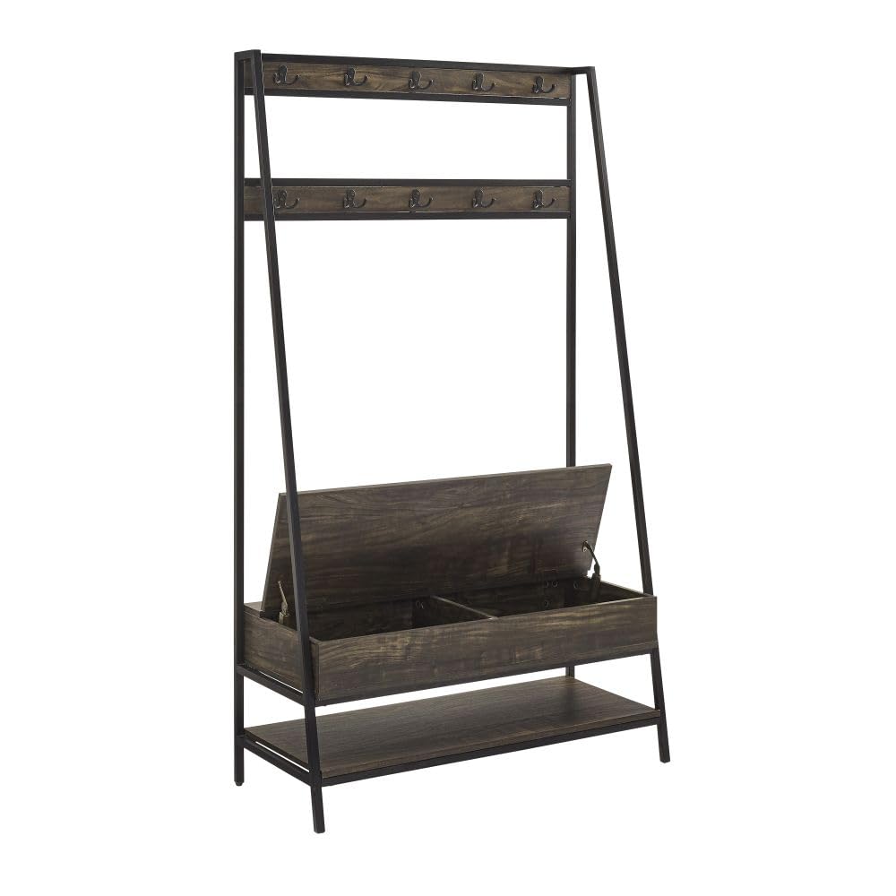 Crosley Furniture Jacobsen Hall Tree with Storage Bench, Shoe Shelf, and Coat Rack Hooks for Hanging, Brown Ash