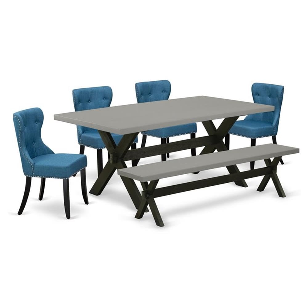 East West Furniture X697Si121-6 6 Piece Dining Table Set Contains A Rectangle Wooden Table With X-Legs And 4 Blue Linen Fabric Upholstered Chairs With A Bench, 40X72 Inch, Multi-Color