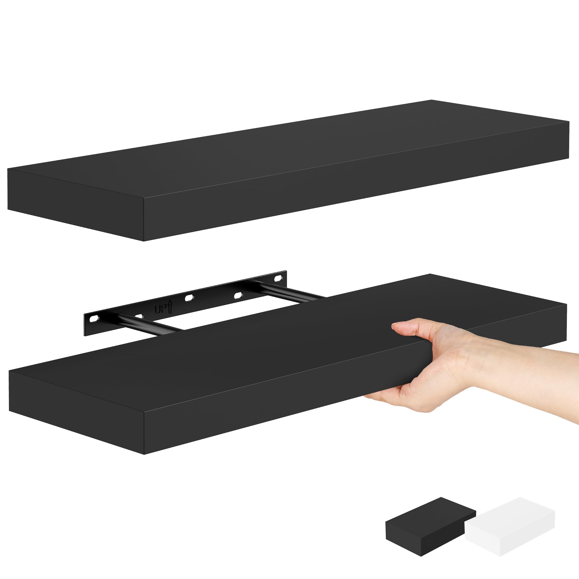 Bellsal Floating Shelves for Wall, Black Engineered Wood Wall Shelf Set of 2, 24'' Wall Mounted Floating Shelf for Kitchen, Livi