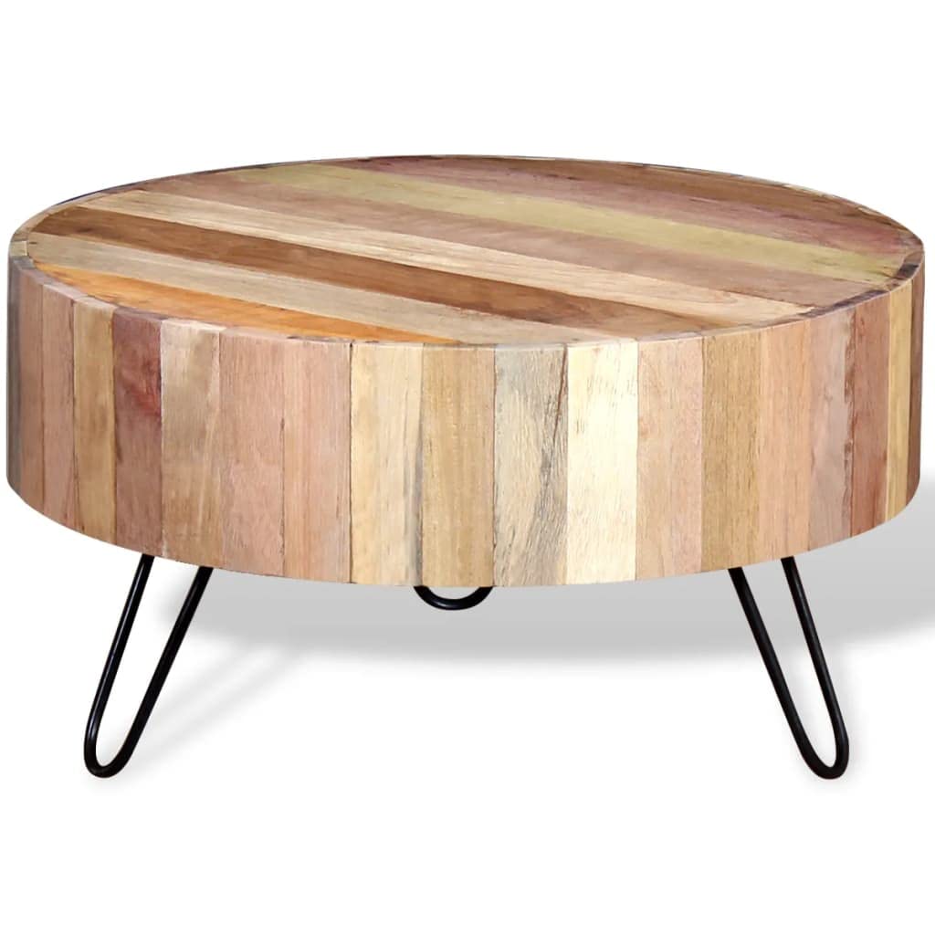 vidaXL Coffee Table with Iron Legs, Round Center Table for Living Room, Fully Handmade, 27.6''Fx15.0'', Solid Reclaimed Wood, Beige