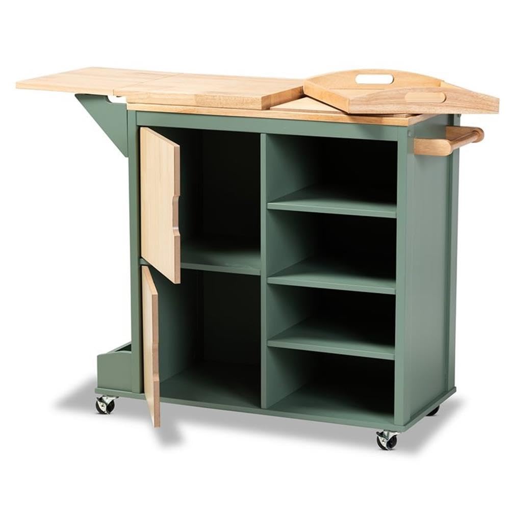 Baxton Studio Dorthy Two-Tone Dark Green and Natural Wood Kitchen Cart