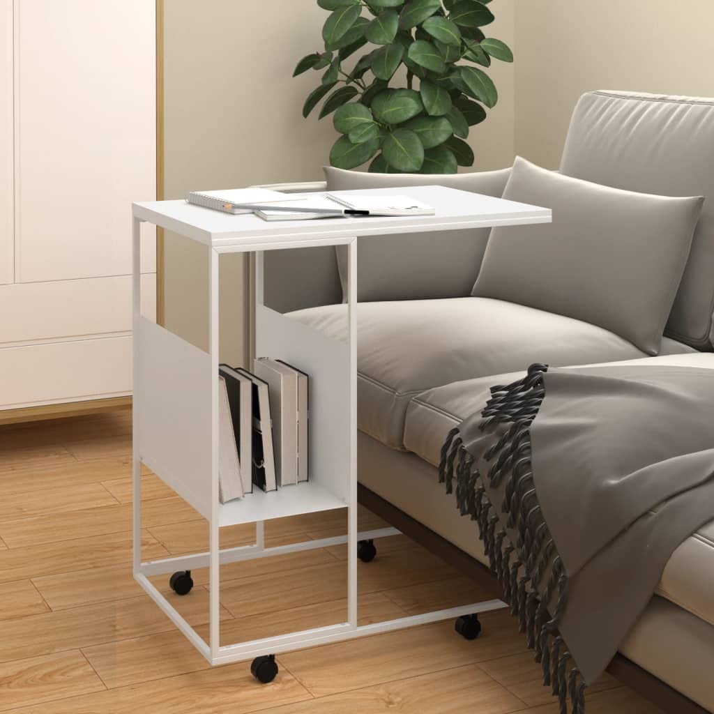 vidaXL Side Table with Wheels, C-Shaped, White - Engineered Wood and Iron, Versatile for Living Room, Bedroom, Office