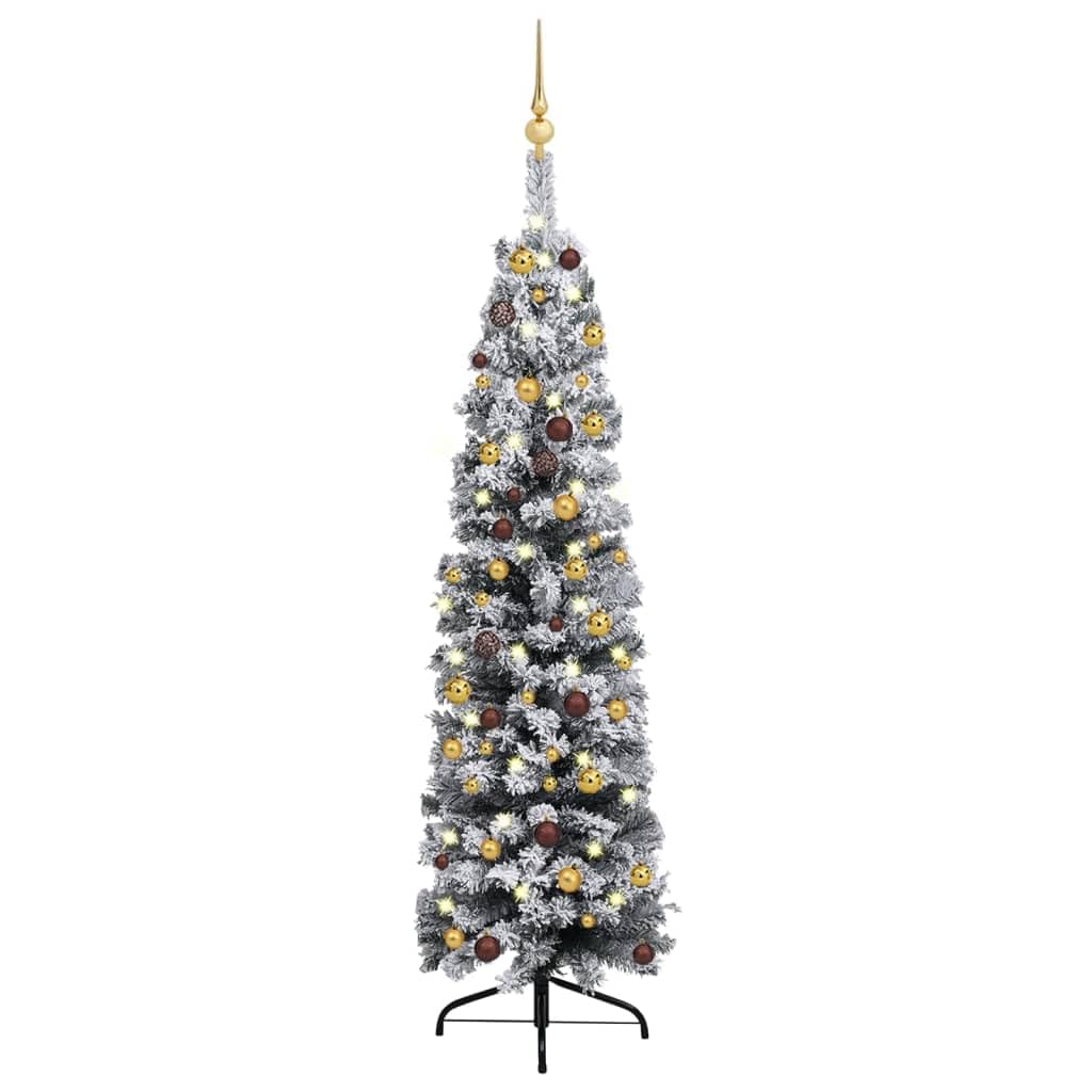 vidaXL Slim PVC Artificial Christmas Tree with LED Lights & Ball Set - Eco-Friendly, Reusable, Flocked White Snow, Energy-efficient Lights, Green & Gold