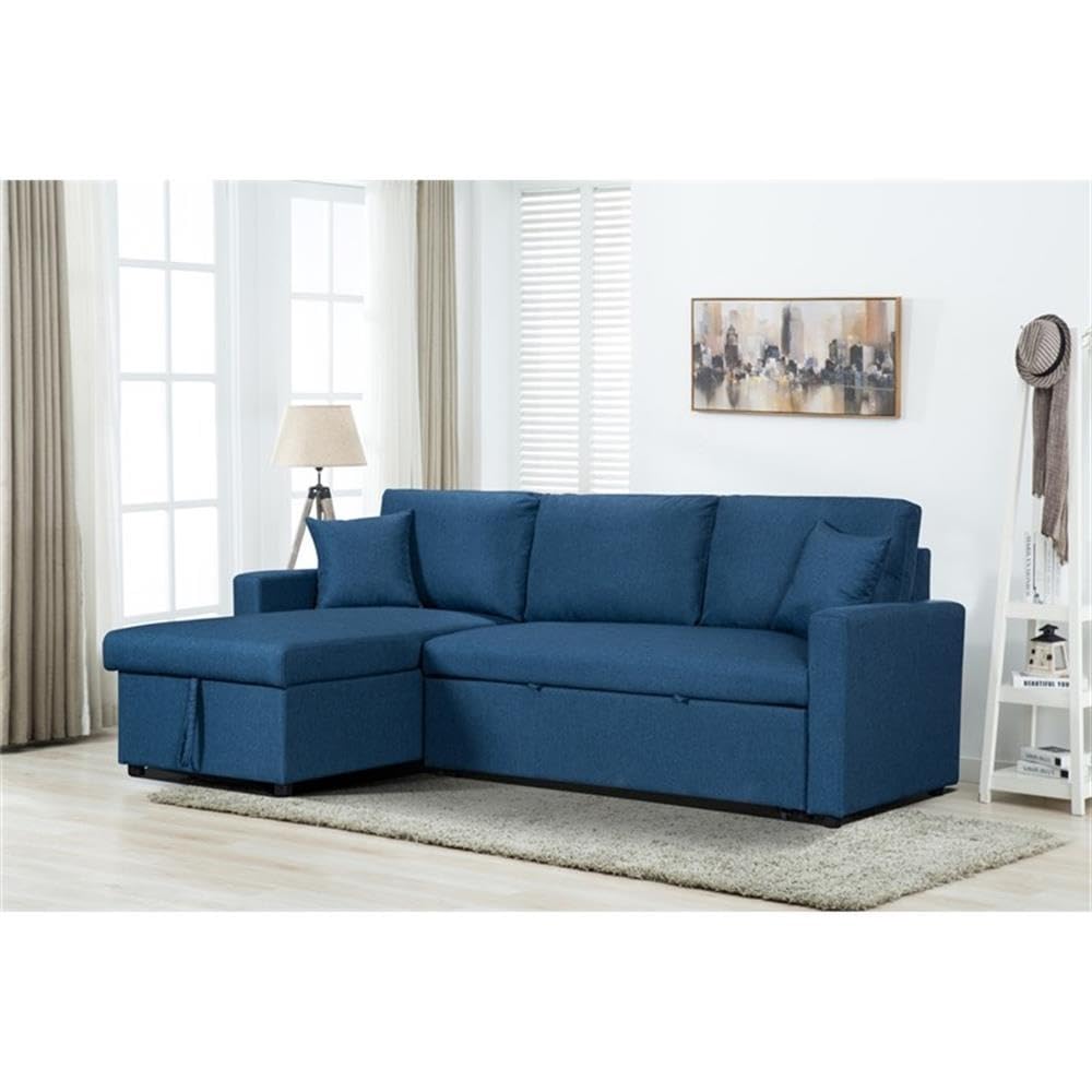 Lilola Home Paisley Blue Linen Fabric Reversible Sleeper Sectional Sofa with Storage Chaise