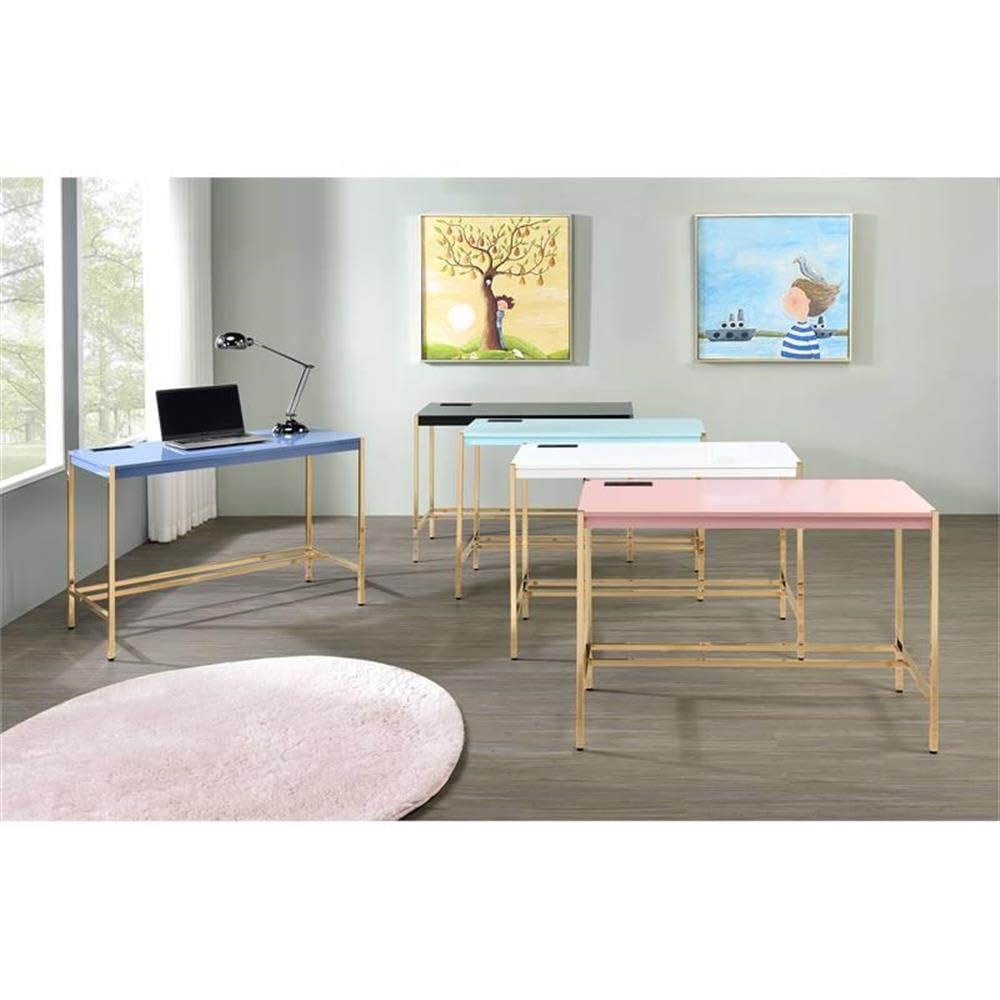 Acme Midriaks Wooden Top Writing Desk with USB Port in White and Gold