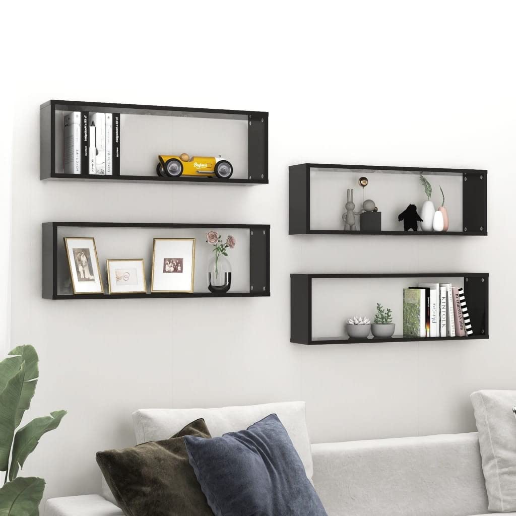 vidaXL Wall Cube Shelves 4 pcs High Gloss Black 31.5&quot;x5.9&quot;x10.4&quot; Engineered Wood