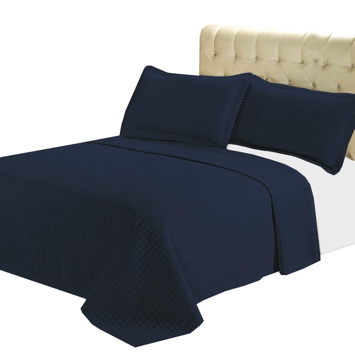 Sheetsnthings Luxury Checkered Quilted Wrinkle Free Microfiber 3 Piece Coverlets Set (Navy, King/California King)