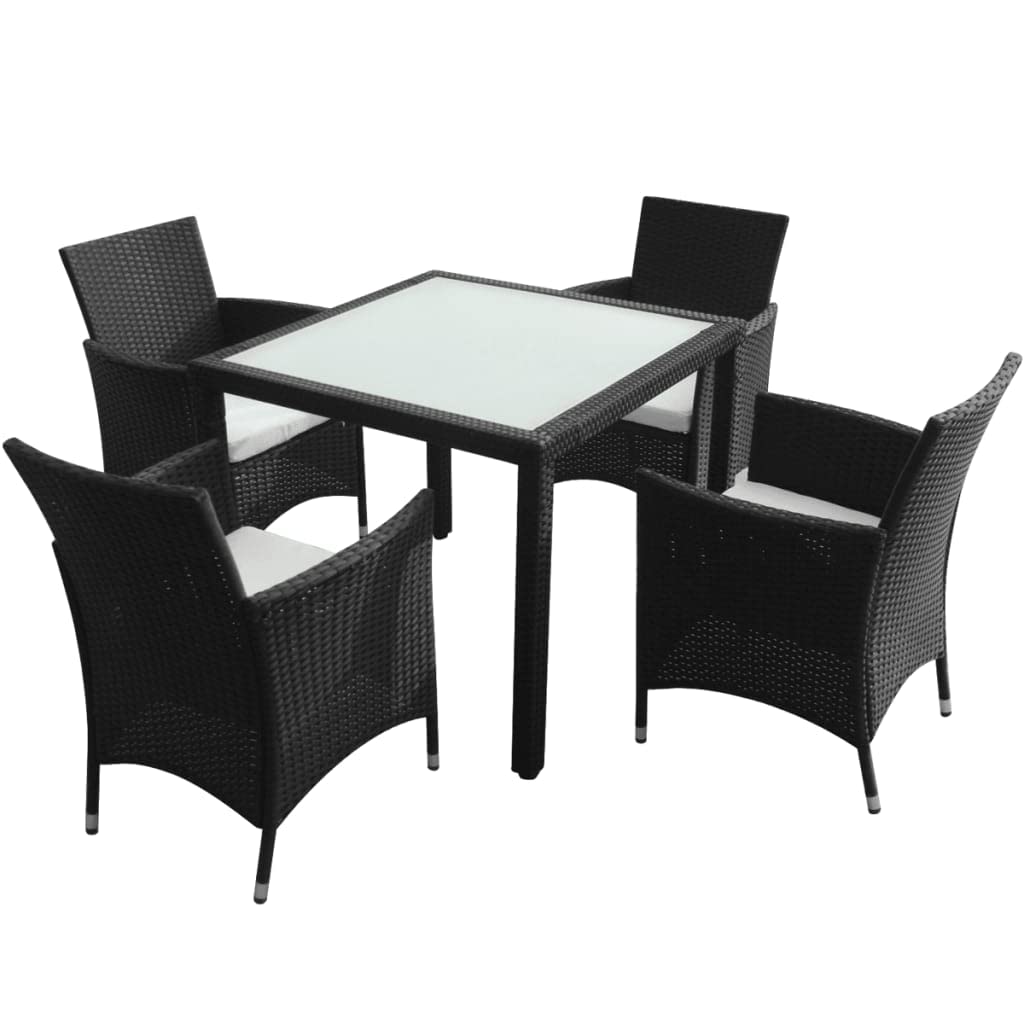 vidaXL Patio Furniture Set 5 Piece, Dining Table Set with Glass Tabletop, Rattan Chairs with Cushions and Steel Legs, Outdoor Furniture Set, Poly Rattan Black