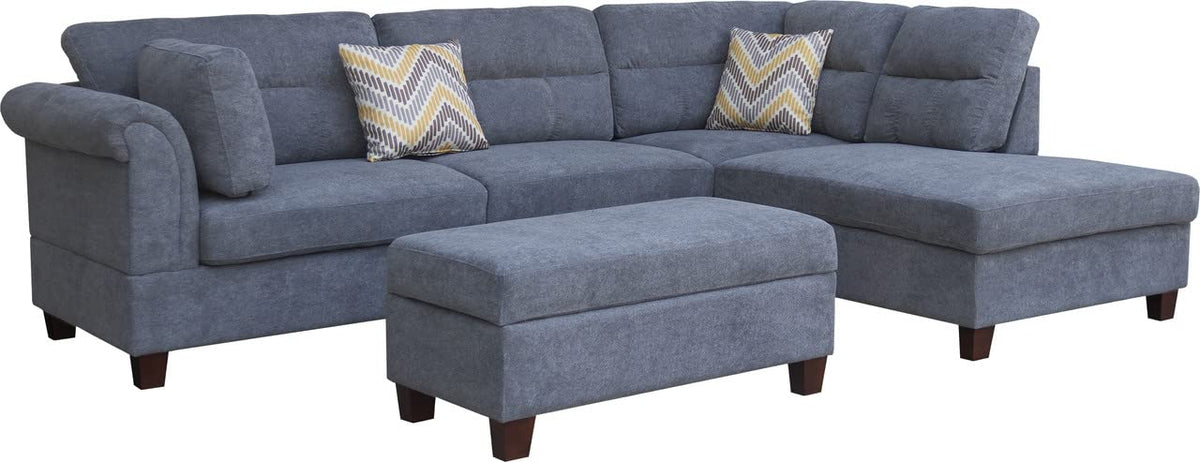 Lilola Home Diego Gray Fabric Sectional Sofa with Right Facing Chaise, Storage Ottoman, and 2 Accent Pillows