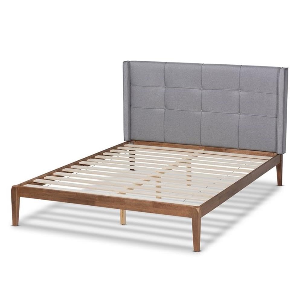Baxton Studio Edmond King Size Gray Upholstered and Ash Walnut Wood Platform Bed