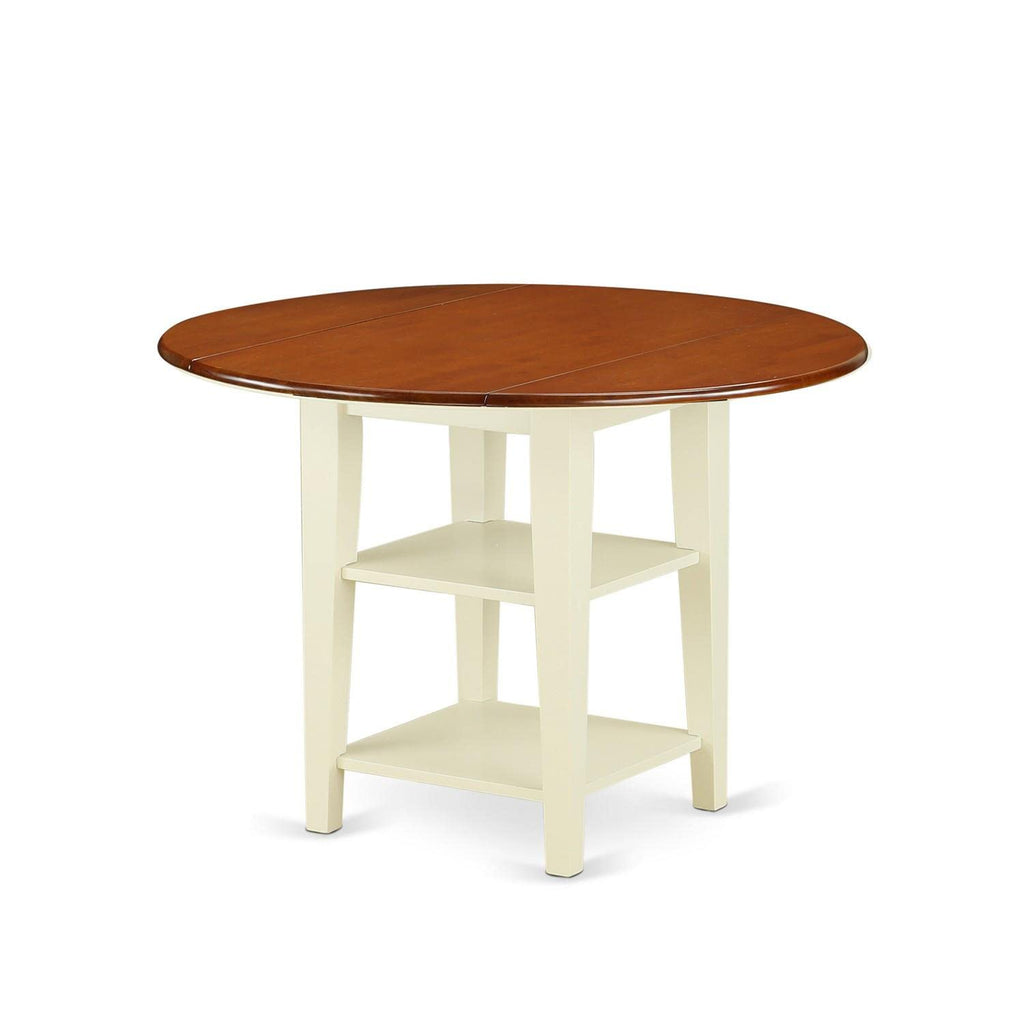 East West Furniture SUAN3-BMK-W 3 Piece Dining Room Table Set Contains a Round Dining Table with Dropleaf & Shelves and 2 Wood Seat Chairs, 42x42 Inch, Buttermilk & Cherry