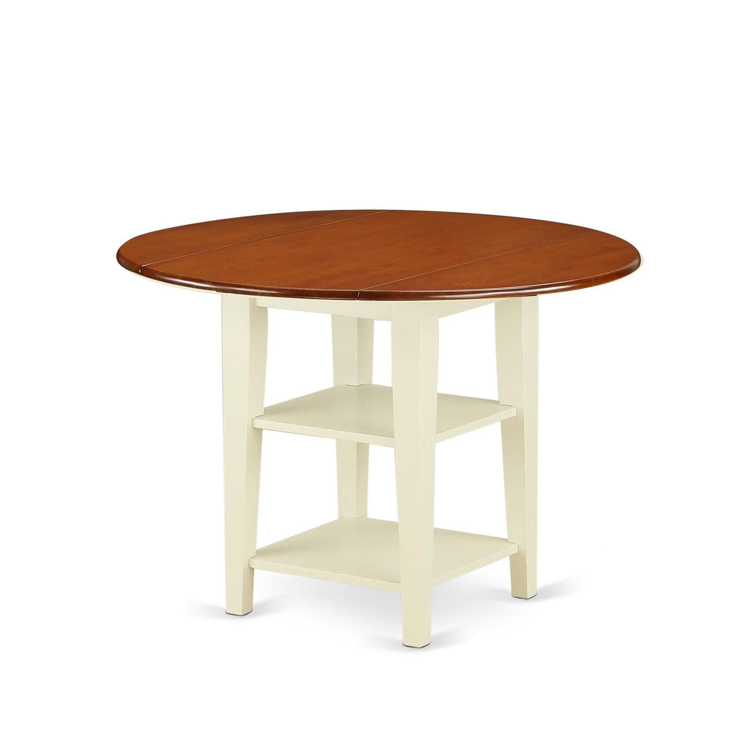 East West Furniture SUNI3-BMK-W 3 Piece Kitchen Table Set for Small Spaces Contains a Round Dining Room Table with Dropleaf & Shelves and 2 Dining Chairs, 42x42 Inch, Buttermilk & Cherry