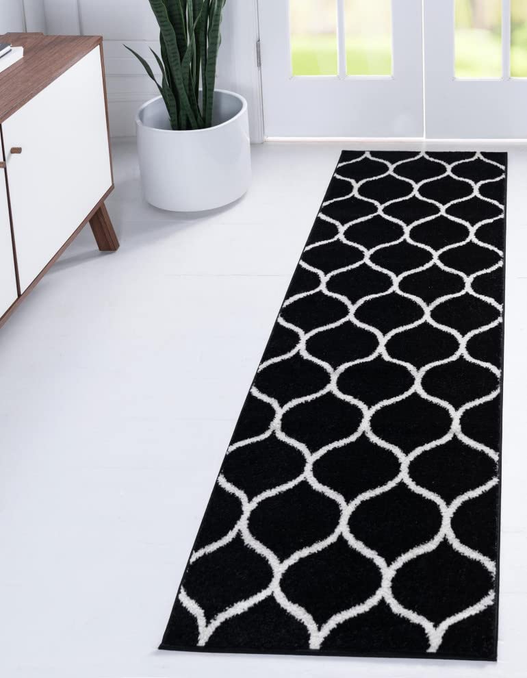 Unique Loom Trellis Frieze Collection Area Rug - Rounded (2' X 8' 8'' Runner, Black/ Ivory)