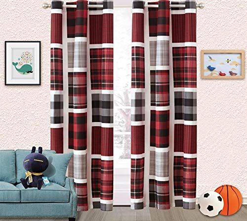 Linen Plus 2 Panel Curtain Set With Grommets For Teens Boys Girls New (Plaid Red/Black)