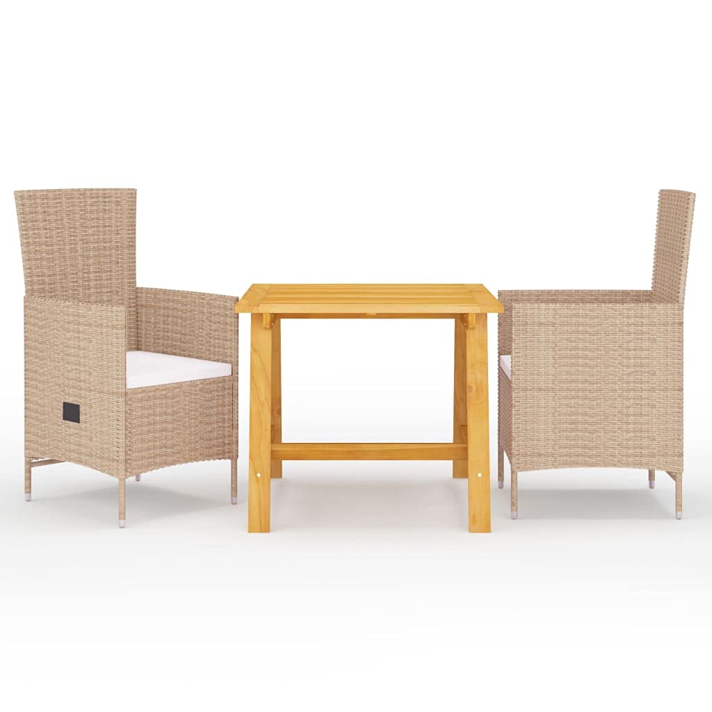 vidaXL 3-Piece Patio Dining Set with Acacia Wood Table and PE Rattan Reclining Chairs - Outdoor Furniture with Beige and Cream Cushions