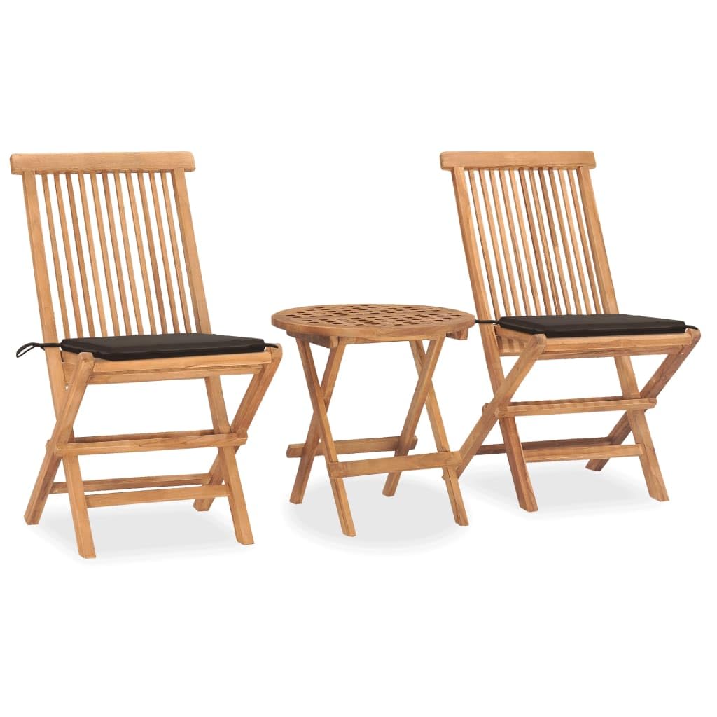 vidaXL 3 Piece Folding Patio Dining Set - Solid Teak Wood Outdoor Furniture with Cushion - Taupe Color - Space-Saving Design for Garden/Terrace/Patio
