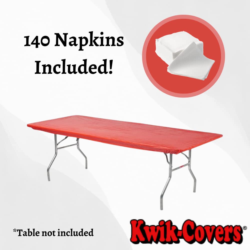 Kwik-Covers Rectangular Plastic Table Covers Bundle Of 10 With One Hundred Forty (140) Ohm Commerce Paper Napkins - Indoor Or Outdoor Fitted Table Covers (Table Not Included) (30X72 10 Pack, Red)
