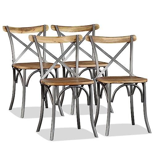 vidaXL Dining Chairs - Set of 4 | Industrial Style | Solid Mango Wood and Steel Cross Back | Easy Assembly | Natural Wood Grain