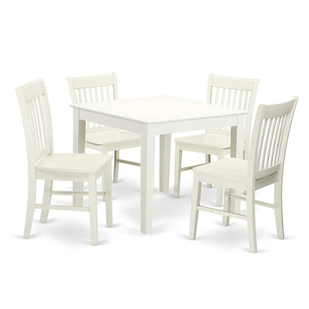 East West Furniture Oxford 5 Piece Set Includes a Square Dinner Table and 4 Kitchen Dining Chairs, 36x36 Inch, OXNO5-LWH-W