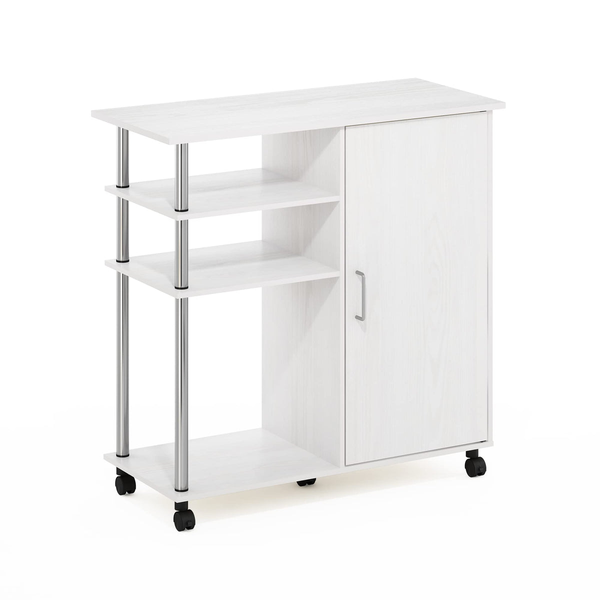 Furinno Helena Utility Kitchen Island And Storage Cart On Wheels, 4-Tier, Stainless Steel Tubes, White Oak/Chrome