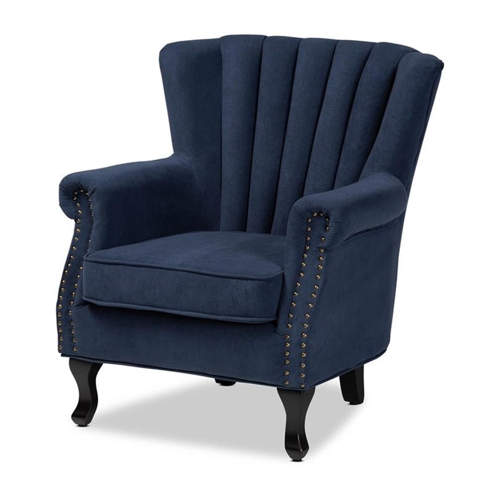 Baxton Studio Relena Classic and Traditional Navy Blue Velvet Fabric Upholstered and Dark Brown Finished Wood Armchair,30.9 x 32.3 x 34.3