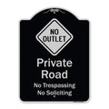 Signmission Designer Series Sign - Private Road No Trespassing Or Soliciting With No Outlet Symbol Black & Silver 18' X 24' He