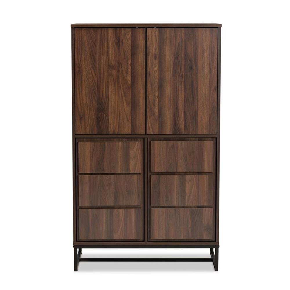 Baxton Studio Neil Modern and Contemporary Walnut Brown Finished Wood and Black Finished Metal Multipurpose Storage Cabinet