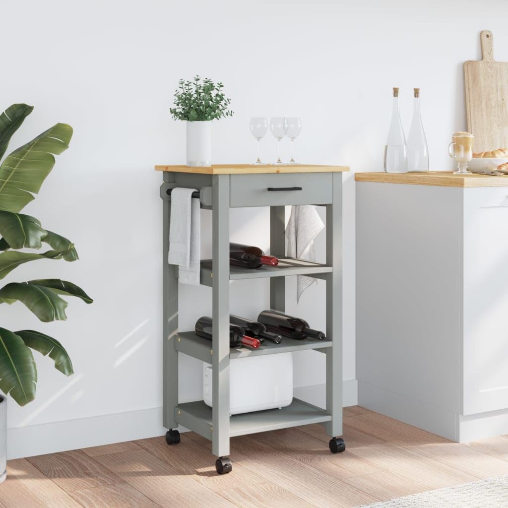 vidaXL Solid Wood Pine Kitchen Trolley Cart - Rolling Utility Organizer with Drawers, Shelves, and Wheels, Gray/Honey Wax, 18.9x15.7x35.4