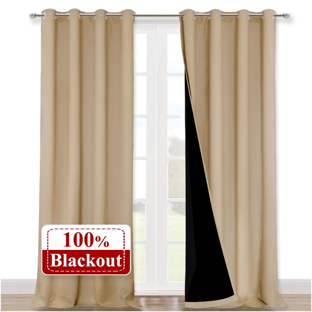 Nicetown Thermal Insulated 100% Blackout Curtains, Biscotti Beige, 1 Pair, 52 Inches X 102 Inches, Sound Proof Drapes With Black