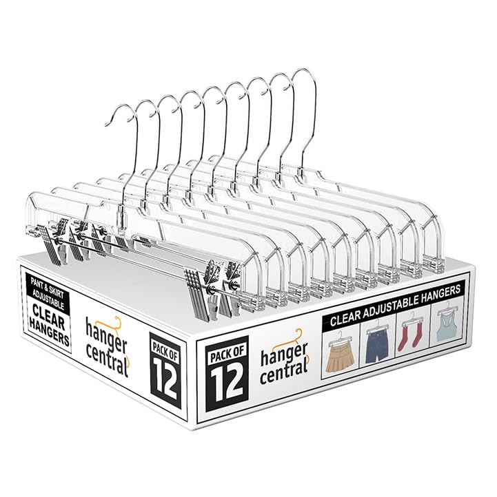 Hanger Central 12 Pack 14'' Clear Skirt Hangers with Adjustable Clips, Non-Slip Plastic Pant Hangers, Slim Clip for Pants, Skirt