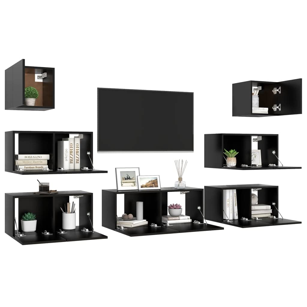 vidaXL TV Cabinet Set 7 Piece Home Indoor Living Room Hanging Wall-Mounted Stereo Plasma HiFi Cabinet TV Unit Furniture Black Engineered Wood