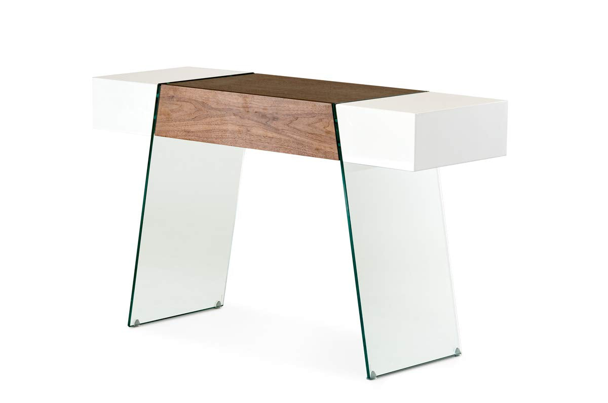 HomeRoots White & Walnut Veneer, MDF, Glass 29' White and Walnut Veneer, MDF, and Glass Floating Console Table